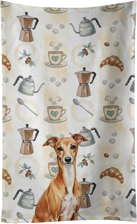 Caroline's Treasures Red Italian Greyhound Coffee Bar Kitchen Towel Velour Plush Front and Cotton Loop Back Machine Washable