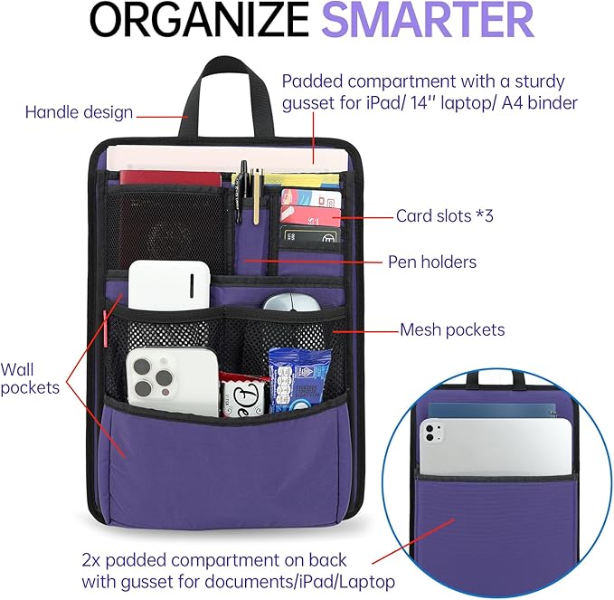 Slim Rugged Backpack Organizer Insert for Business Casual Men Women -13 Pockets,Padded Nylon,Max 14'' laptop - Purple