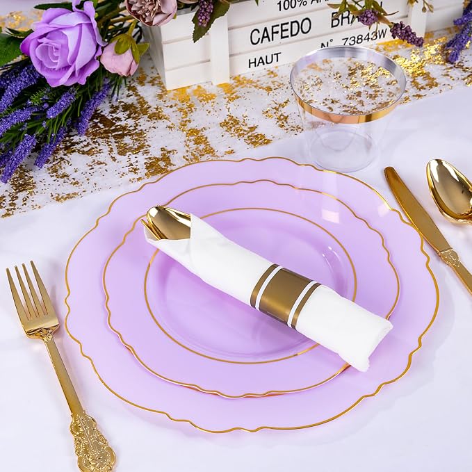 Liacere 350PCS Purple Plastic Plates - Disposable Lavender Plates 50guest Plastic Dinnerware include 100Light purple Plates,50Pack Pre Rolled Napkins Silverware 50Cups for Wedding & Party