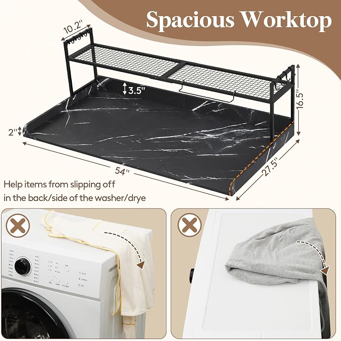 Lifewit Washer Dryer Countertop with Adjustable Shelf, Melamine Cover for The Top with Edge Rails, Towel Rack for Laundry Room Storage and Organization, Hold 200lbs, Black Marble, 54" x 27.5"