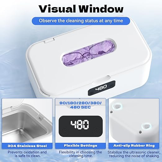TEBAL Ultrasonic Jewelry Cleaner,50Khz Professional Jewelry Cleaner Ultrasonic Machine for Jewelry, Eyeglasses, Rings, Watch Strap, Dentures, 304 Stainless Steel Tank