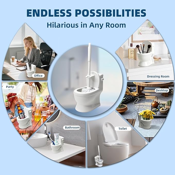 Novelty Toilet Brush Holder, Mini Toilet Shaped Ceramic Bathroom Decor with Self-Draining Base & Brush - Unique Funny Gift for Home, Office Desk Organizer (White)