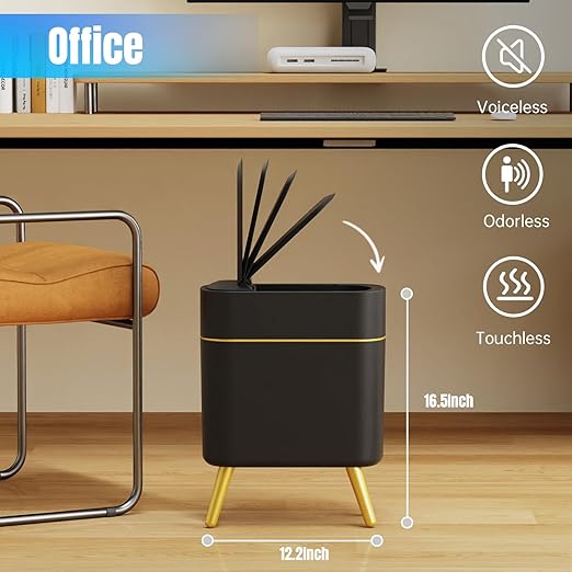 Yatmung Bathroom Trash Can Automatic Touchless Modern Smart Trash Bin - Narrow Waste Basket for Bedroom, Laundry Room, Office, Plastic - Motion Sensor Garbage Can with Lid - Black with Gold Edge