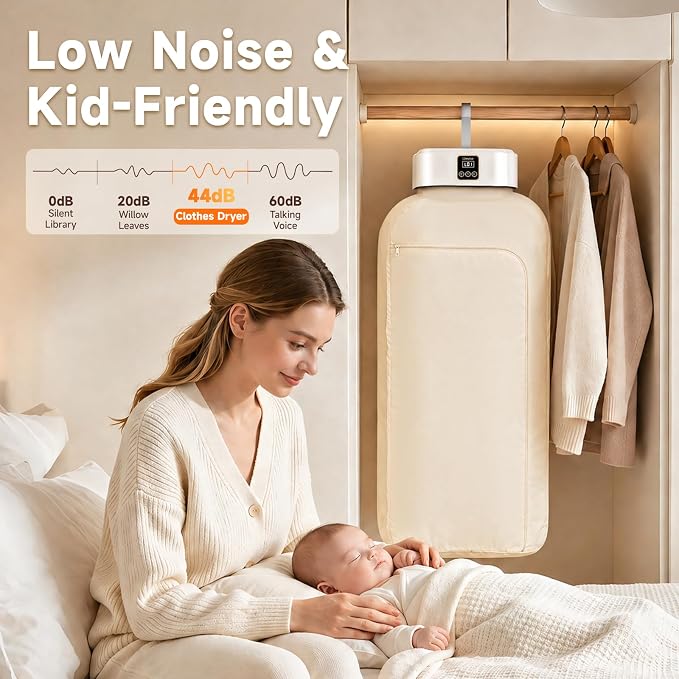 Portable Clothes Dryer, 600W Foldable Laundry Drying Machine with 8 Timer Settings, Compact Hanging Dryer with Overheat Protection, Quiet Garment Care for Apartment, Dorm, RV, Camping, Travel