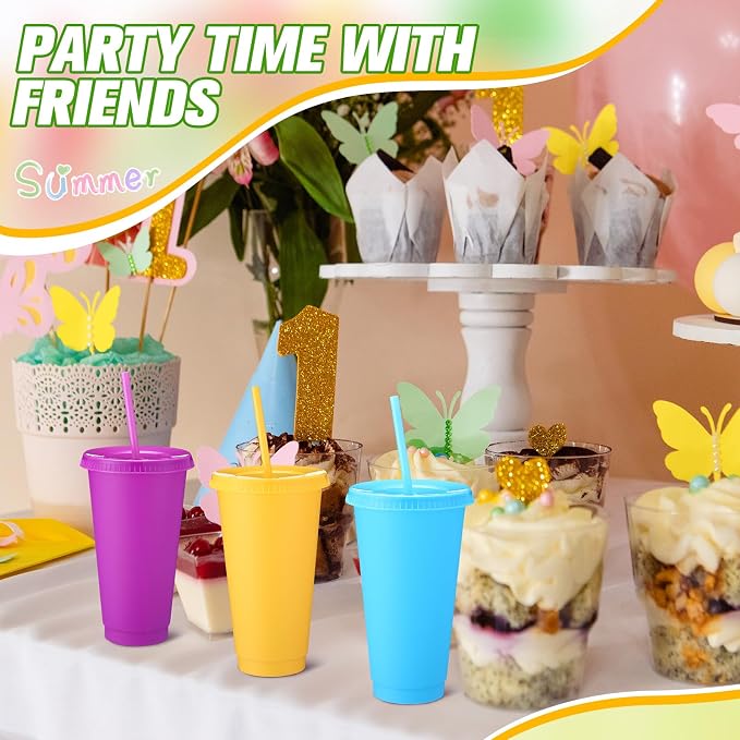 Honeydak 30 Pack Tumbler with Straw and Lid Bulk Cups for Gifts Water Bottle Iced Coffee Travel Mug Cup Reusable Plastic Tumblers for Party Birthdays 24-27 oz (Bright Color)