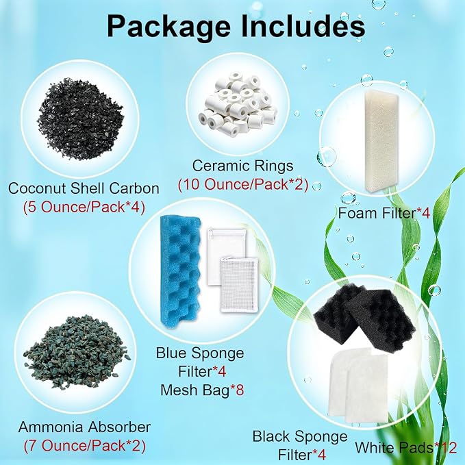 44-Piece Canister Filter Media Kit Replacement for Fluval 406/407 Canister Filter - Includes Carbon, Ammonia-Absorbing Pad, Sponges（2 Sets）