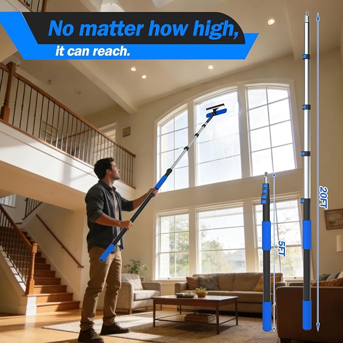 26FT Reach Telescopic Extension Pole, 5-20FT Paint Roller Extension Pole with Flip-Lock Design, Aluminum Alloy Threaded Head for Painting Cleaning Dusting & Window Washing Tools