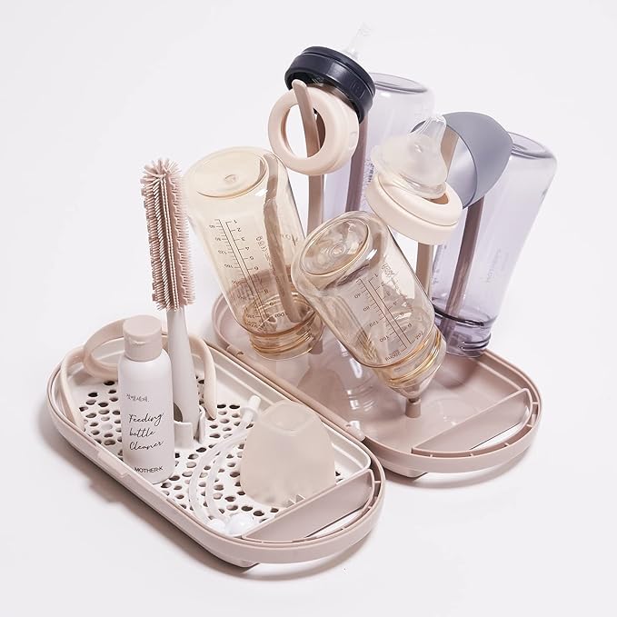 MOTHER-K Travel Baby Bottle Drying Rack Set (Cream Mocha) + Sippy Cup 8oz (Pink)