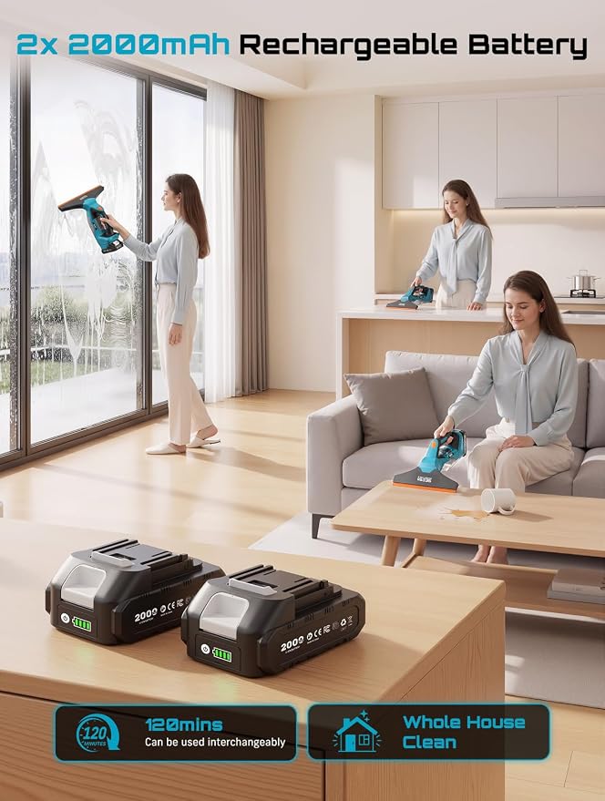 SEESII Cordless Window Vacuum Squeegee, 2000Pa Electric Window Squeegee, 120Mins Battery Life with 11" and 6.7" Squeegees for Mirrors, Glass, Tiles