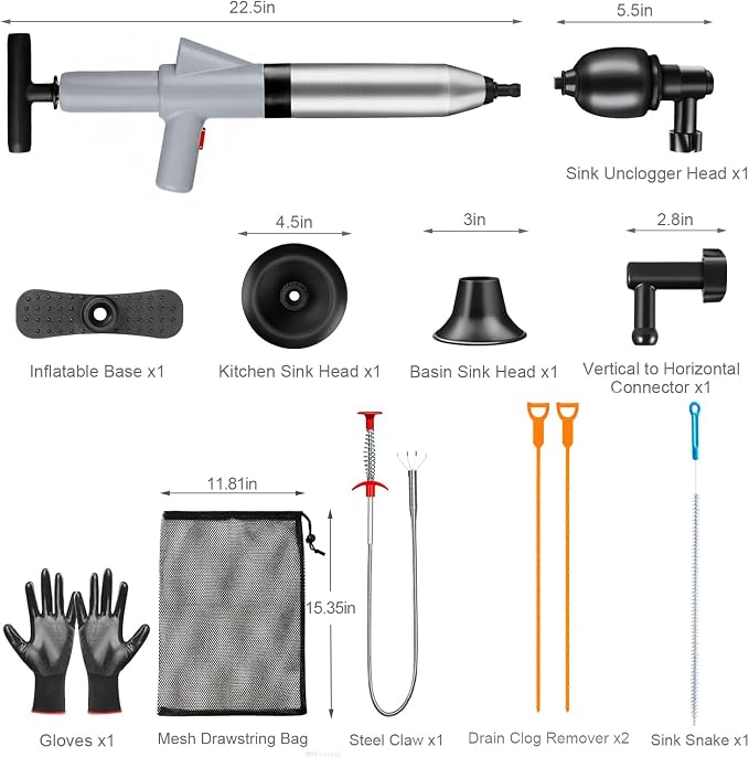Fast Toilet Plunger High Pressure with Storage Bag, Heavy Duty Air Drain Blaster & Unclogger Tool, Clog Remover Kit & Toilet Snake Alternative for Bathroom, Toilets, Sinks, Tubs, Pipes (Gray)