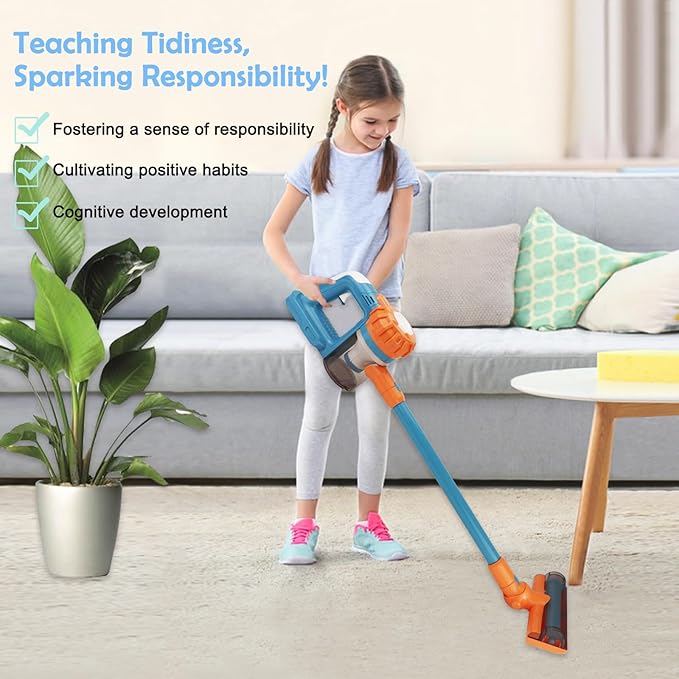 Kids Vacuum that Really Works 9Pcs Aged 3+ Kid Cleaning Set for Toddlers Toy Cleaner Kids Broom and Dustpan Set Scrub Brushes Baby Boy Girl Gifts ( 950Blue)