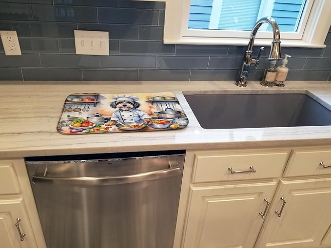 Caroline's Treasures DAC6334DDM Tibetan Terrier The Chef Dish Drying Mat Absorbent Dish Drying Mat Pad for Kitchen Counter Dish Drainer Mat for Countertop, 14 x 21", Multicolor