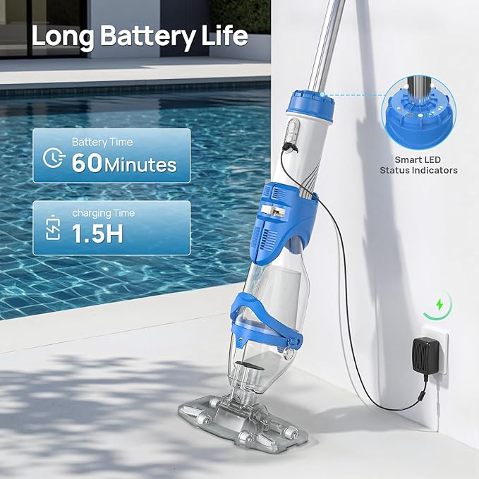 Consciot Pool Vacuum for Above Ground & Inground Pool, 22 GPM Suction Handheld Cleaner with 7.3FT Telescopic Pole, 2L Capacity, 60-Min Runtime, 2 Filters; Ideal for Spa, Hot Tub & Stairs