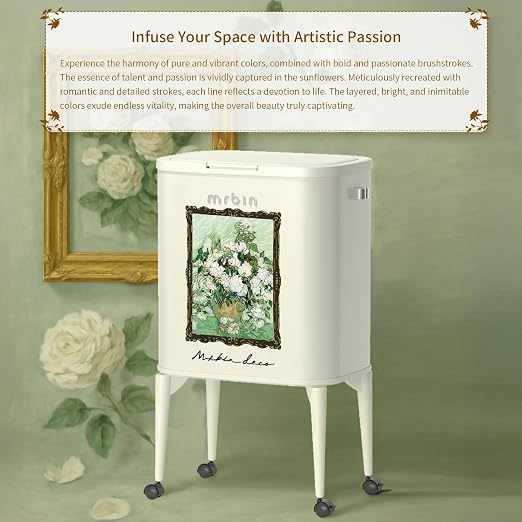 MRBIN Metal Kitchen Trash Can with Wheel Legs, 36L / 9.5gal Medium Press Lid Slim Removable Waste Basket, Pet Proof Tall Narrow Garbage Pail for Vanity, Bedroom, Bathroom, Living Room, White Rose