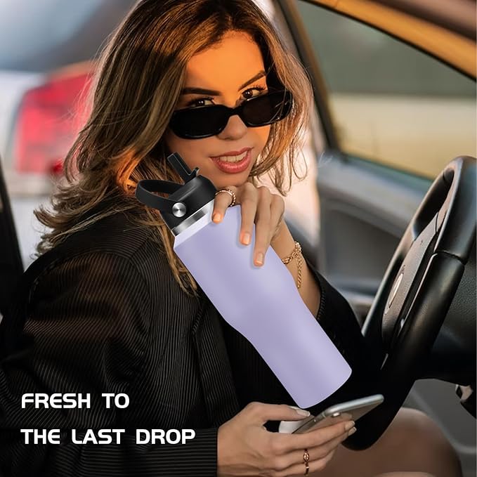 Insulated Water Bottle 32oz with Strap, Water Bottle with Straw & Top Handle for Hot 24h & Cold 48h, Stainless Steel Leakproof Travel Flask, Purple Thermal Cup Fits in Cup Holder