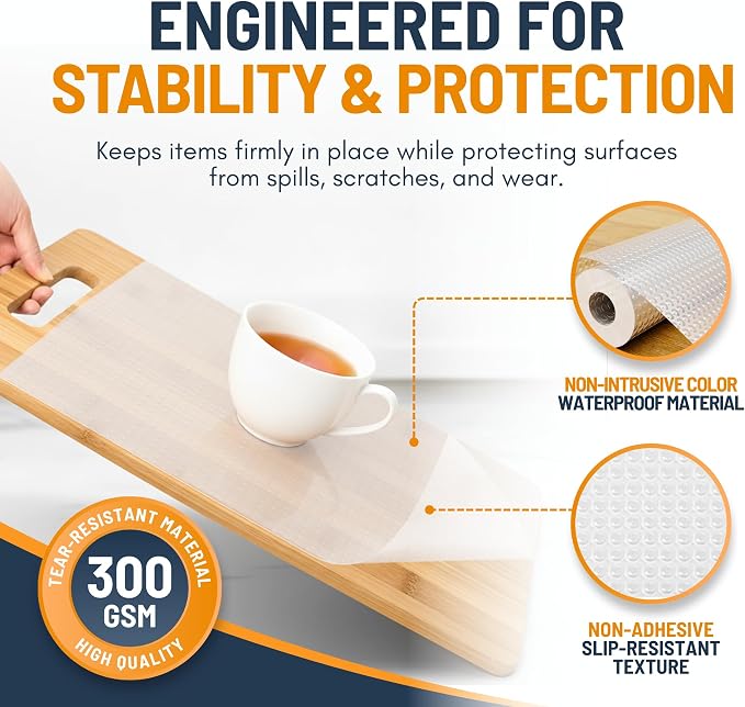 Shelf Liner Drawer Liner for Kitchen Cabinets Non-Adhesive by Linda’s Essentials (17.7 x 120 Inches) - Non-Slip Easy Clean Kitchen Cabinet and Cupboard Protector, Waterproof Mat, Clear Roll