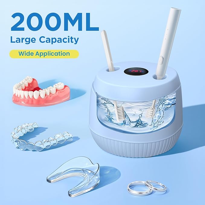 Dental Ultrasonic Retainer Cleaner Machine: 45kHz Dental Cleaning Pod with Digital Timer & 200ML, Cleaning for Dentures, Mouth Guards, Aligners, Night Guards, Braces, Toothbrush Heads & Jewelry, Blue