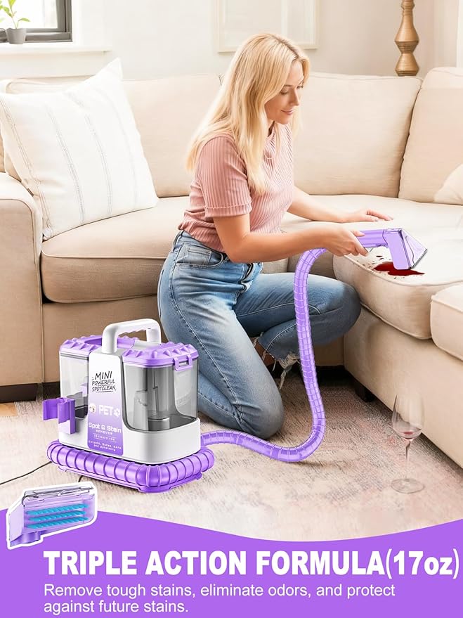 Portable Carpet & Upholestery Cleaner Machine for Pets, Spot, Stain, Couch Cleaner Machine with Powerful Suction and and Self Cleaning, Car/Auto Detailer, Lightweight Compact Design, Purple
