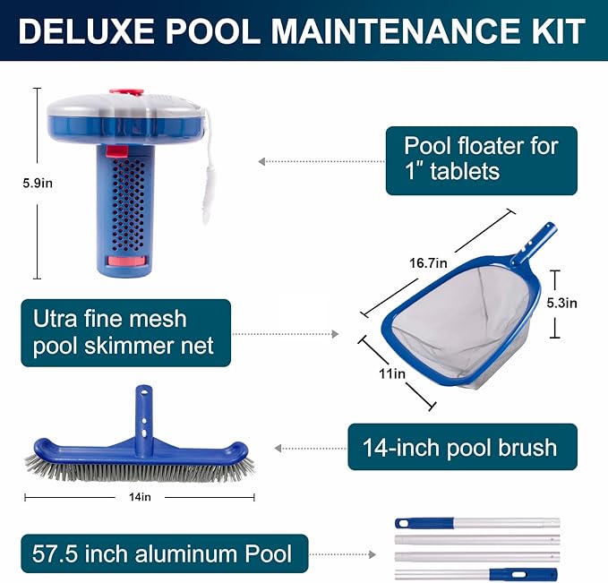 POOLAZA Pool Cleaning Kit Above Ground & Inground Pools, Include Sturdy Pool Brush Head, Ultra Fine Mesh Pool Skimmer Net, 57.5'' Thickened Aluminum Pool Pole & Durable Pool Floater