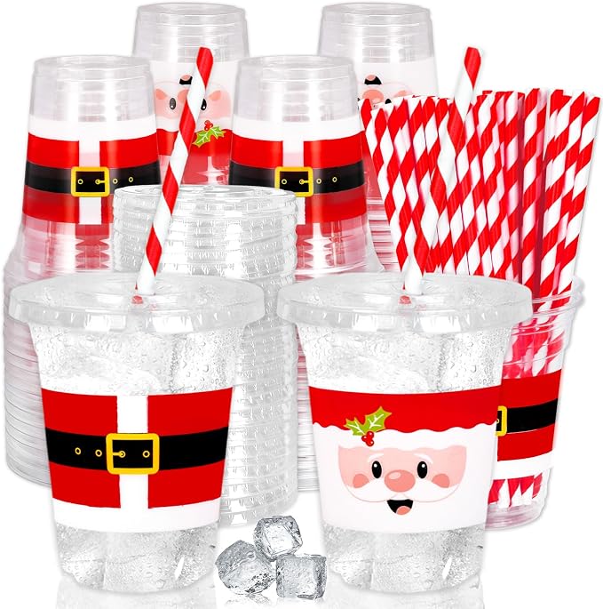 FYSUIMU 50Pcs 12Oz Christmas Disposable Plastic Cups with Lids and Straws Santa Claus Belt Cold Beverage Drinking Cup for Winter Holiday Xmas Party Favor Supplies