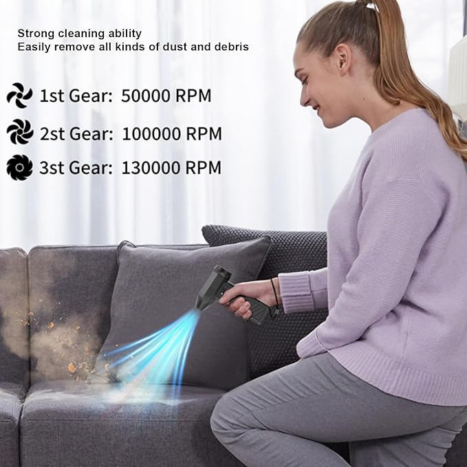 Compressed Air Duster, 130000RPM Stepless Speed Adjustable Brushless Motor Electric Air Blower with LED Light Type C QC15W Quick Charging Cordless Cleaner for Keyboard Car Outdoor
