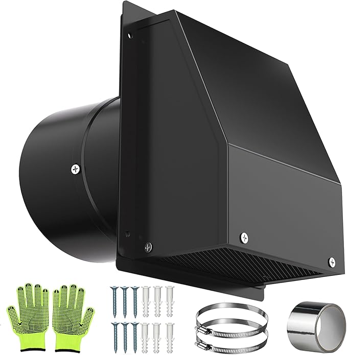 5 Inch Dryer Vent Cover, Vent Covers for Wall, Hooded Wall Vent with Screen and Damper Black Galvanized Steel Air Exhaust Duct Outlet Hood Cap Kit for Exterior Home Outdoor Laundry Ventilation