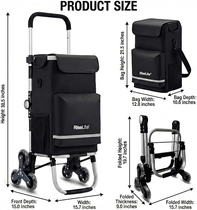 Stair Climbing Cart - Shopping Cart with Wheels for Stairs, Foldable Tri-Wheel Grocery Cart for Seniors & Apartments, 55L Bag with Insulated Cooler, Adjustable Handle, 110 Lbs, Waterproof