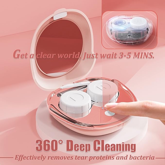 Pink Ultrasonic Contact Lens Cleaner - Portable Machine with USB Charger, Solution Soak Case Kit for Soft, Colored, Hard, RGP, and OK Lenses