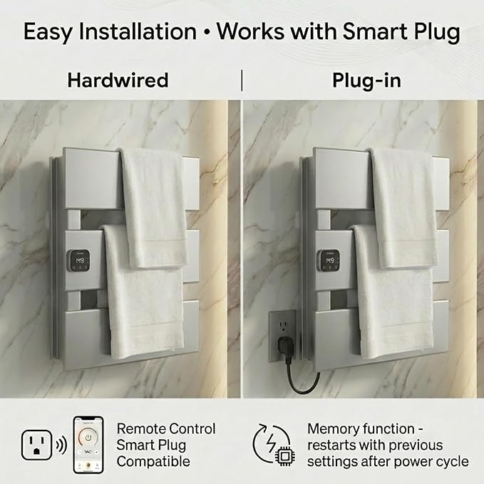 L Series Electric Towel Warmer for Bathroom, 3 Panel, Silver | Thermo Control and Timer, Fast Heat in 3 Mins, Dry Towels in 4 hrs, Memory Function, Work with Smart Plug, Left-Wiring