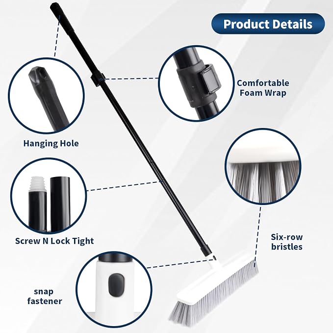 Heavy Duty Push Broom Outdoor & Rubber Floor Squeegee Set with 63 Inch Extra Long Telescoping Handle, Deck Brush, Concrete, Garage & Shop Broom, Squeegee for Floor, Tile & Glass