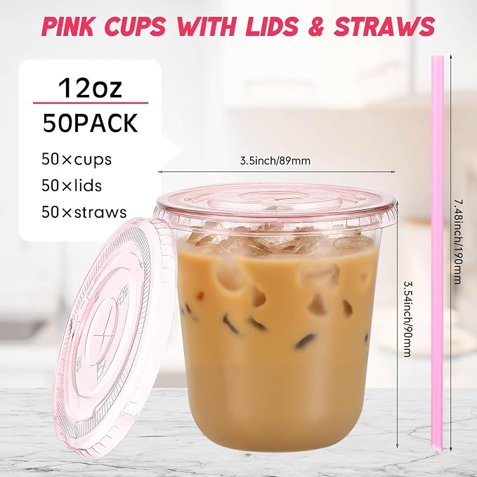 Ziliny 50 Sets Clear Round Bottom Plastic Cups with Lids and Straws, Cute Disposable Drinking Coffee Cups, for Christmas Valentine's Galentine's Day Party Wedding Birthday Supplies (12oz,Pink)