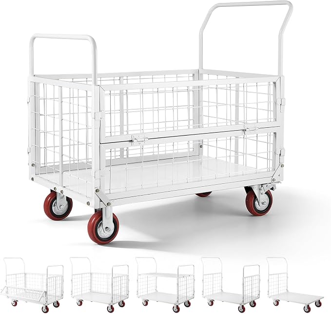VEVOR Platform Truck Cart with Cage, 2000 lbs Capacity, 6-in-1 Foldable Flatbed Cart with Swivel Wheels, Heavy Duty Hand Truck, Multi-Functional Push Dolly, for Grocery Laundry, 44.5 x 26.6 x 42.1 in