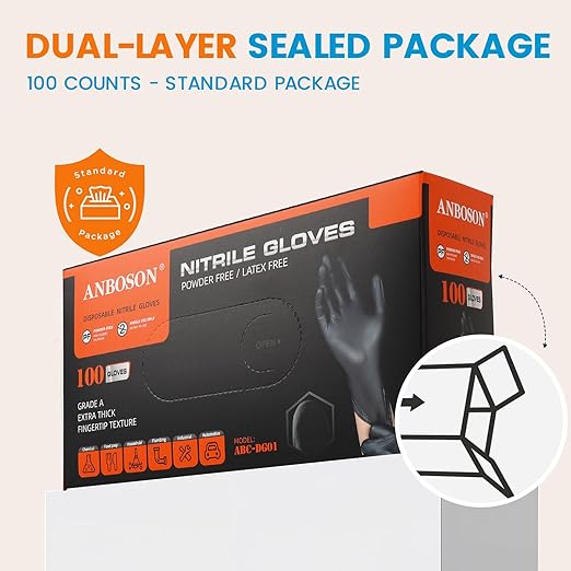 ANBOSON 6 mil Disposable Nitrile Gloves, Heavy Duty Disposable Glove, Cooking Gloves, Latex Free, Powder Free (Black of 1000, Medium)
