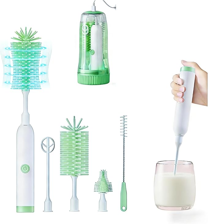 Portable Electric Silicone Bottle Brush Set, 7-in-1 UV Light USB Charging, Nipple/Straw Cleaner, Milk Mixer, Built-in Drying Rack & Storage Case, BPA-Free, IPX7, On-the-Go for New Parents (Mint)