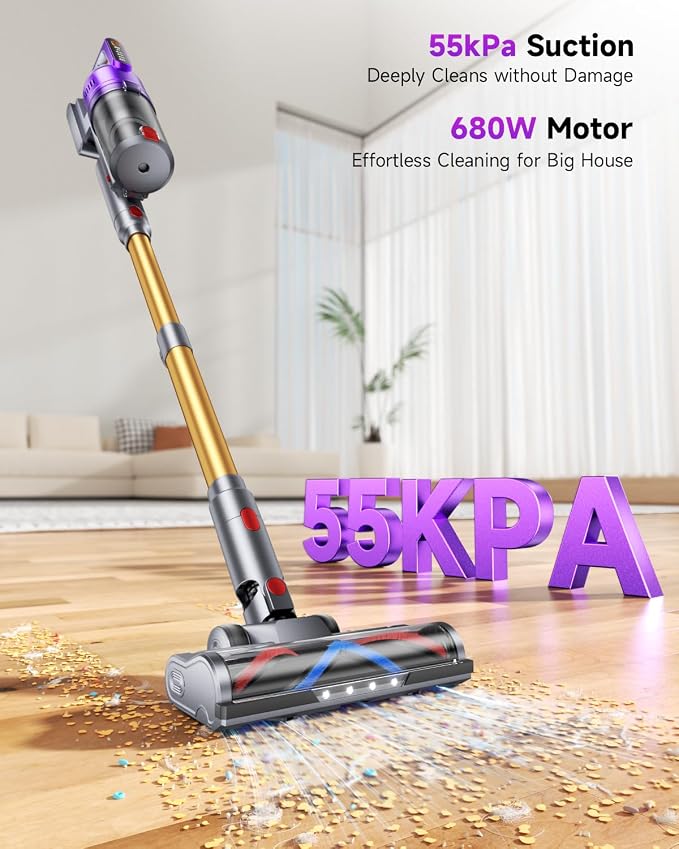 MYUAKO Cordless Vacuum Cleaner 680W 55kPa Vacuum Cleaners for Home Up to 75Mins, Cordless Rechargeable Vacuum Cleaner Anti-Tangled Vacuum Cleaner 1.8L for Hardwood Floor,Carpets,Pet Hair Nova G8
