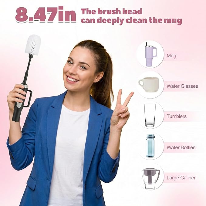 2 in 1 Electric Bottle Brush Set with Straw Cleaner - 14.5" Long Handle Cup Brush for Stanley 40oz Tumbler, 2-Speed Rotating Water Bottle Brush, 2000mAh Rechargeable, Portable Hook