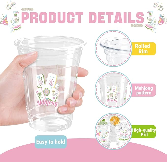100 Pcs 12oz Mahjong Plastic Cups for Parties, Disposable Clear Themed Birthday Decorations Game Night Supplies Gifts for Mah Jong Lovers