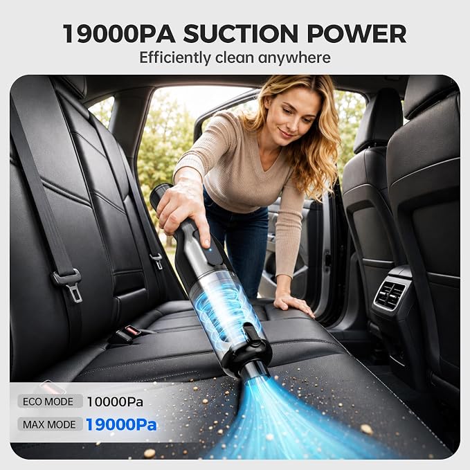 dormzie Handheld Vacuum Cordless, Car Vacuum with 19000Pa Powerful Suction,1.3 lbs Lightweight, Type-C Charge, Multiple Accessories for Car Home Office Pet
