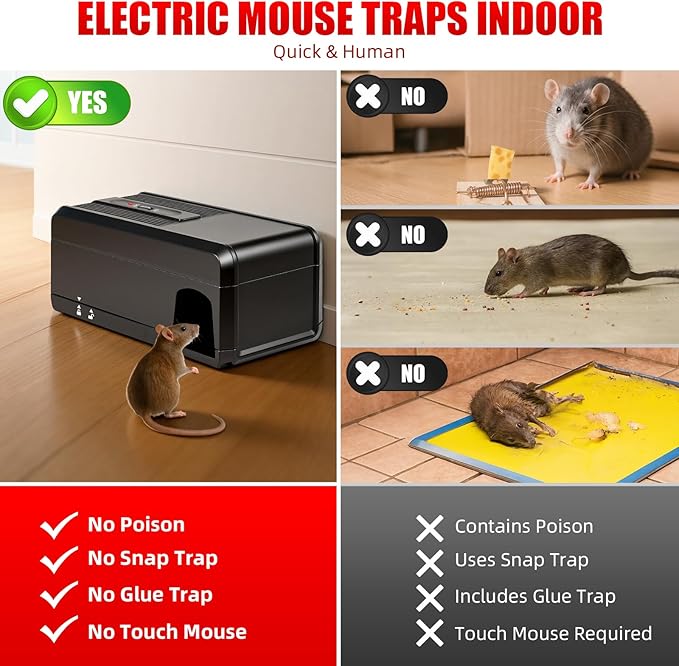 2025 Electric Mouse Trap Zapper Powerful Rat Traps Indoor for Home,Reusable Electric Rat Traps Outdoor Rodent Zapper Mice Trap Electronic Shock Killer for Attic Warehouse Kitchen Garage,No-Touch,Black