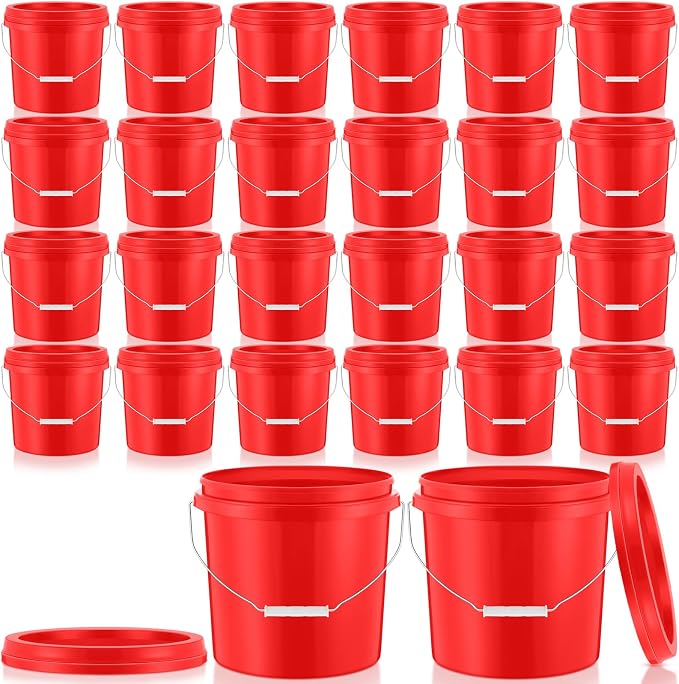 Tioncy 24 Pcs 2 Gallon Plastic Bucket with Lid Heavy Duty 2 Gallon Bucket Pail with Lid Handle for Storage Container Home Household Cleaning (Red)