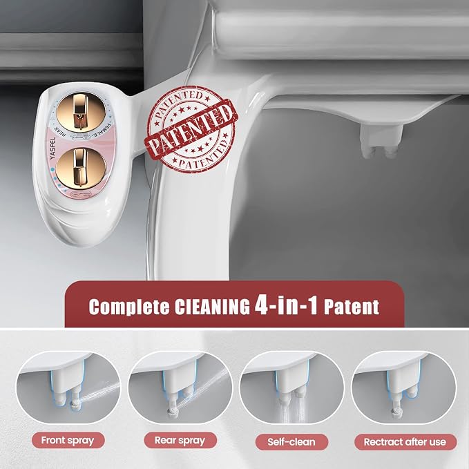 YASFEL Bidet Attachment for Toilet - Self-Cleaning Bidet with Pressure Controls, Non-Electric Cold with Dual Nozzles for Frontal/Rear Wash (Rose Gold)
