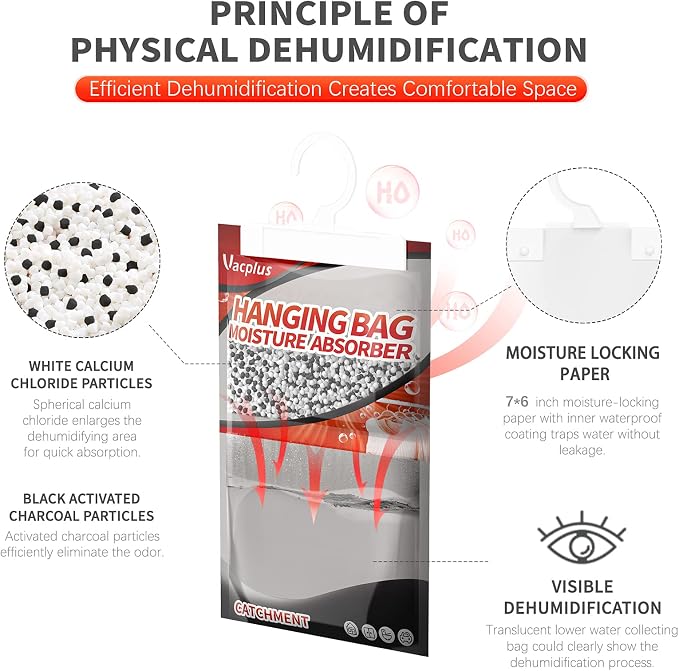 Vacplus Moisture Absorbers, Hanging Closet Dehumidifier Bags, Humidity Packs, Desiccant, Closet Dehumidifiers with Activated Charcoal, 10 Pack, 9.8 OZ
