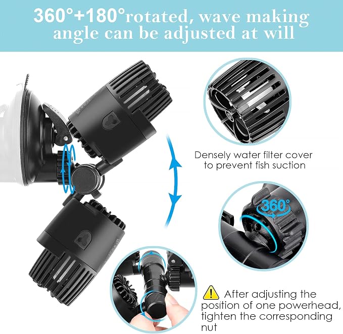AQQA Aquarium Wave Maker,8W/12W/20W/25W Suction Cup Fish Tank Double Powerhead Pump，110V/60Hz Ultra Quiet Submersible Circulation Pump,360°+180°Adjustable For Freshwater Saltwater (20W 4227GPH)