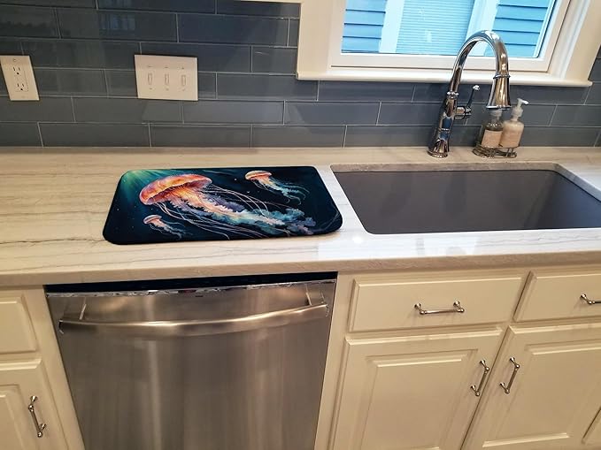 Caroline's Treasures Deep-Sea Jellyfish Dish Drying Mat Absorbent Dish Drying Mat Pad for Kitchen Counter Dish Drainer Mat for Countertop, 14 x 21", Multicolor