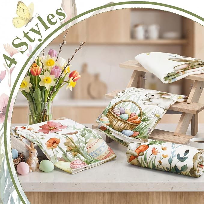 Tegeme 4 Pcs Spring Bunny Wildflowers Kitchen Towel Retro Vintage Flowers Dish Towels 18 x 26 Inch Floral Decorative Hand Tea Towel for Bathroom Baking Cooking Cleaning Holiday Party Supplies