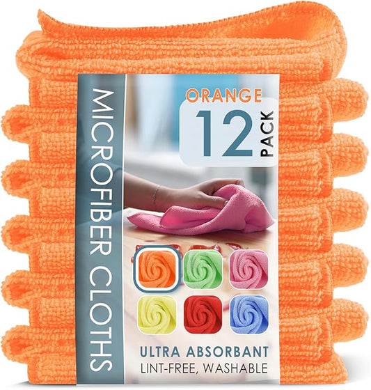 Hearth & Harbor Microfiber Cleaning Cloth for Cars 12 Pack Washcloths, Orange Cleaning Rags, Reusable Microfiber Cloth Rags for Cleaning, Lint Free Cloth, 12''x12'' (V-HH-Cloth-M-12-Org)