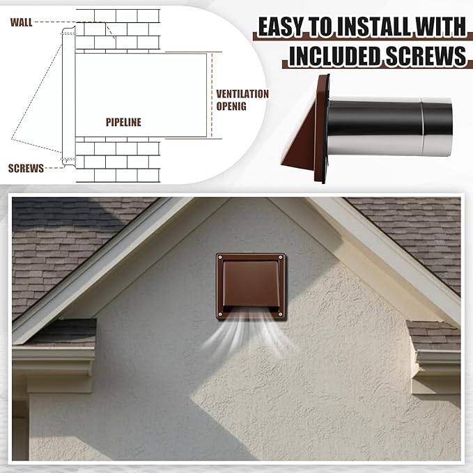 Gisafai 4" Dryer Vent Cover Outside with Stainless Steel Screen Wall Dryer Exhaust Cap and Removable Extended Pipe Vent Shroud Hood Cushioned Non Return Flap with Sealing Gasket Grille (Brown)