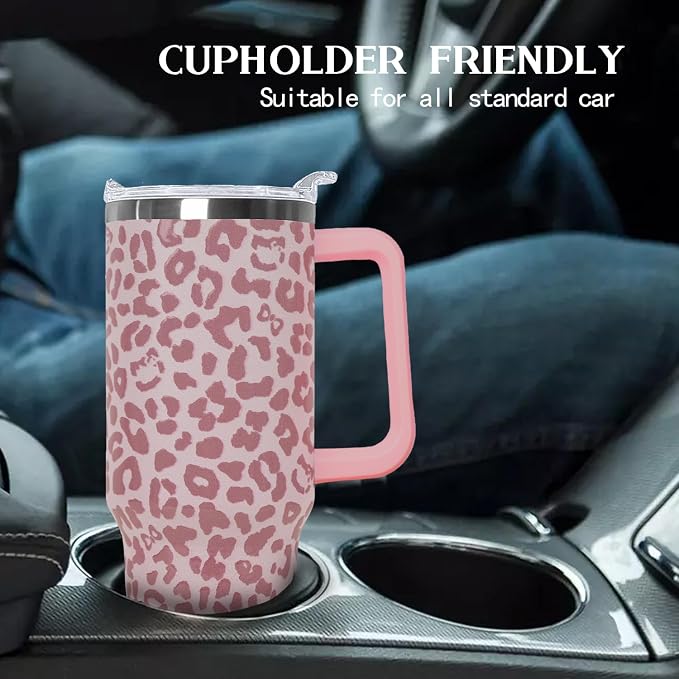 Ceovfoi 40oz Pink Leopard Print Insulated Tumbler with Handle, Travel Coffee Mug with Lid Straw, Trendy Y2K Animal Print Decor & Fashion Gift