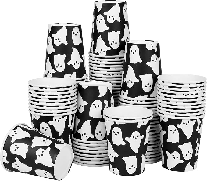AimFun 100Pcs Halloween Ghost Paper Cups Ghost Spooky Party Cups Black White Boo 9oz Disposable Cold Hot Coffee Drinking Cups for Halloween Party Supplies Table Decor