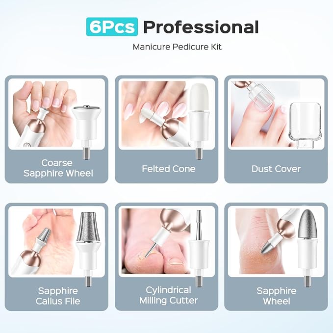 COSLUS C43 Professional Manicure Pedicure Kit, 5-in-1 Electric Nail File for Toenail Hand Feet, Basic & Thick Nails Care, Cordless, 5 Speeds, for Men Women Seniors Home Salon, Standard Grinder, White